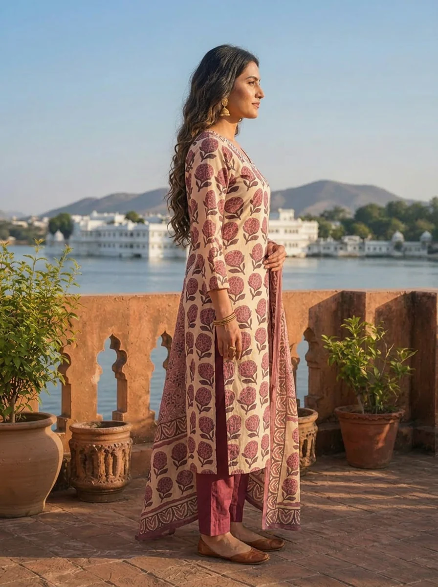 Wine Silk Butta Grid Block Printed Three Piece Set - Image 3