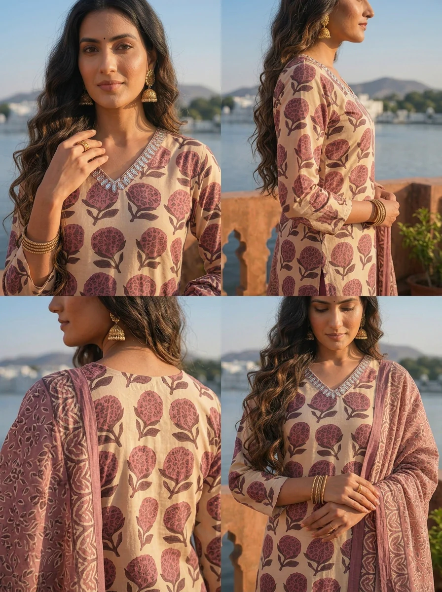 Wine Silk Butta Grid Block Printed Three Piece Set - Image 5
