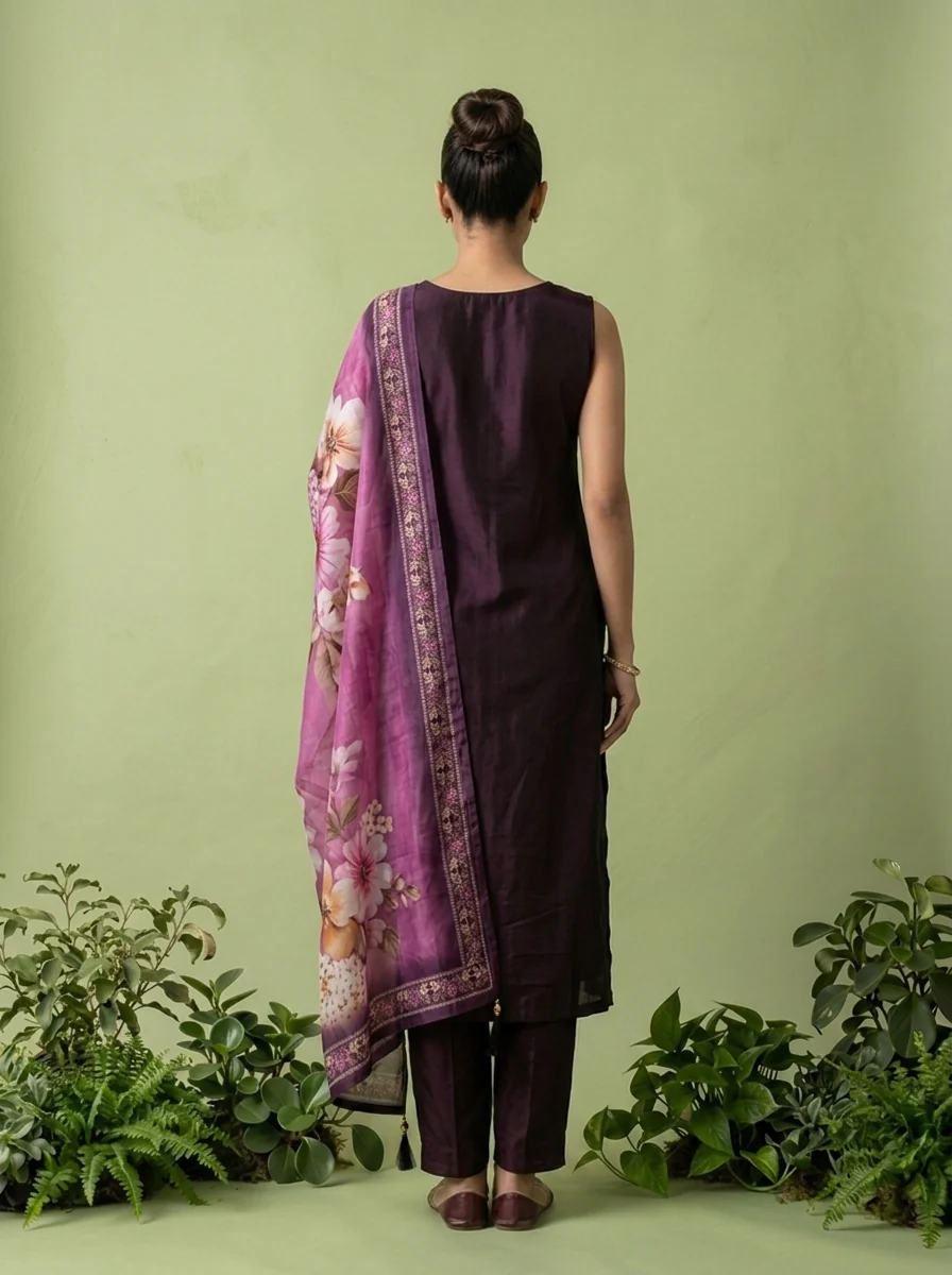 Wine Silk Floral Beads And Thread Embroidered Three Piece Set - Image 2