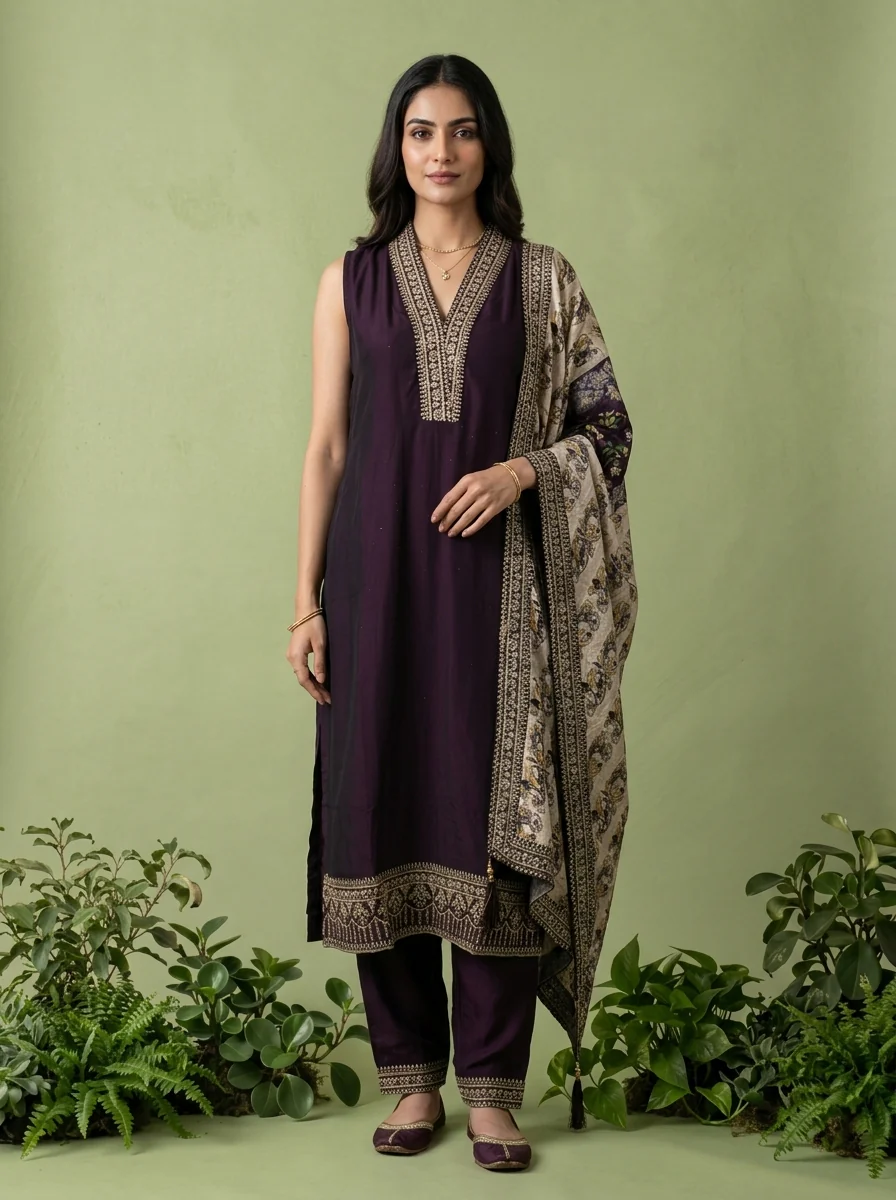 Wine Silk Floral Zari Embroidery Three Piece Set With Contrast Dupatta - Image 2