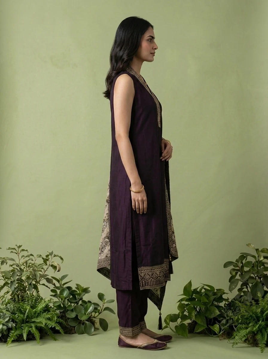 Wine Silk Floral Zari Embroidery Three Piece Set With Contrast Dupatta - Image 3