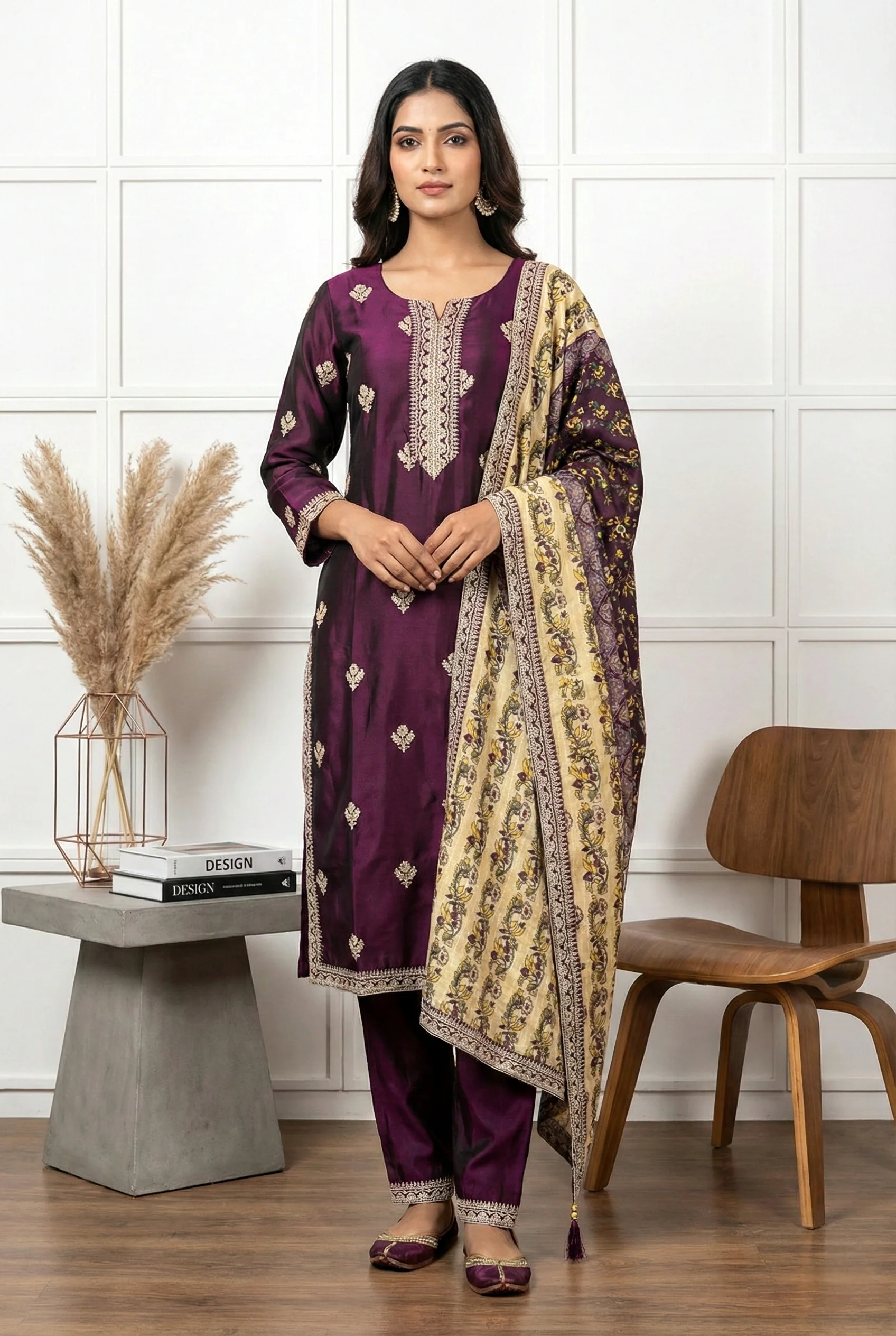 Wine Silk Printed Three Piece Set