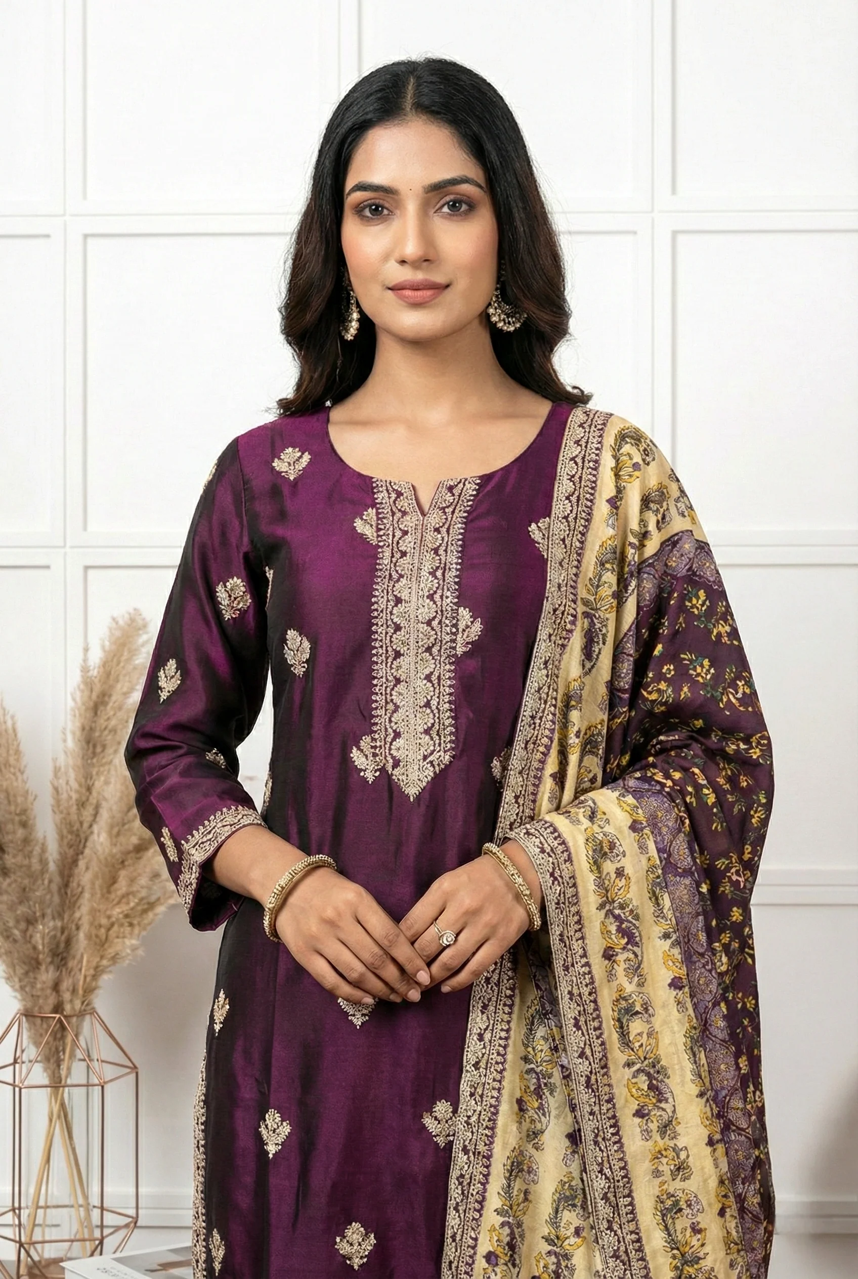 Wine Silk Printed Three Piece Set - Image 2