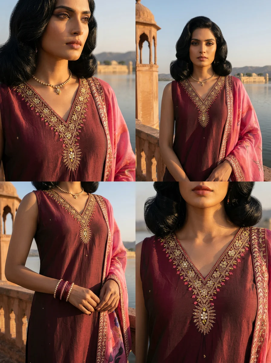 Wine Silk Zardosi Embroidery Three Piece Set - Image 5