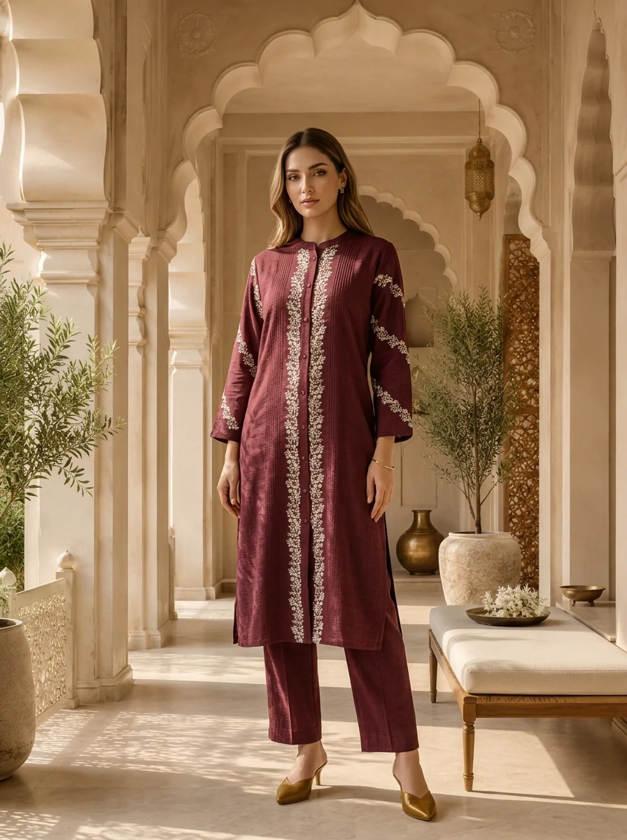 Wine Thread Embroidered Rayon Two Piece Set - Image 2
