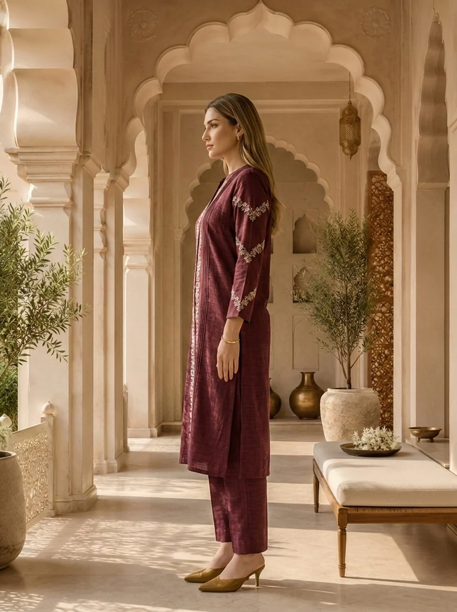 Wine Thread Embroidered Rayon Two Piece Set - Image 4