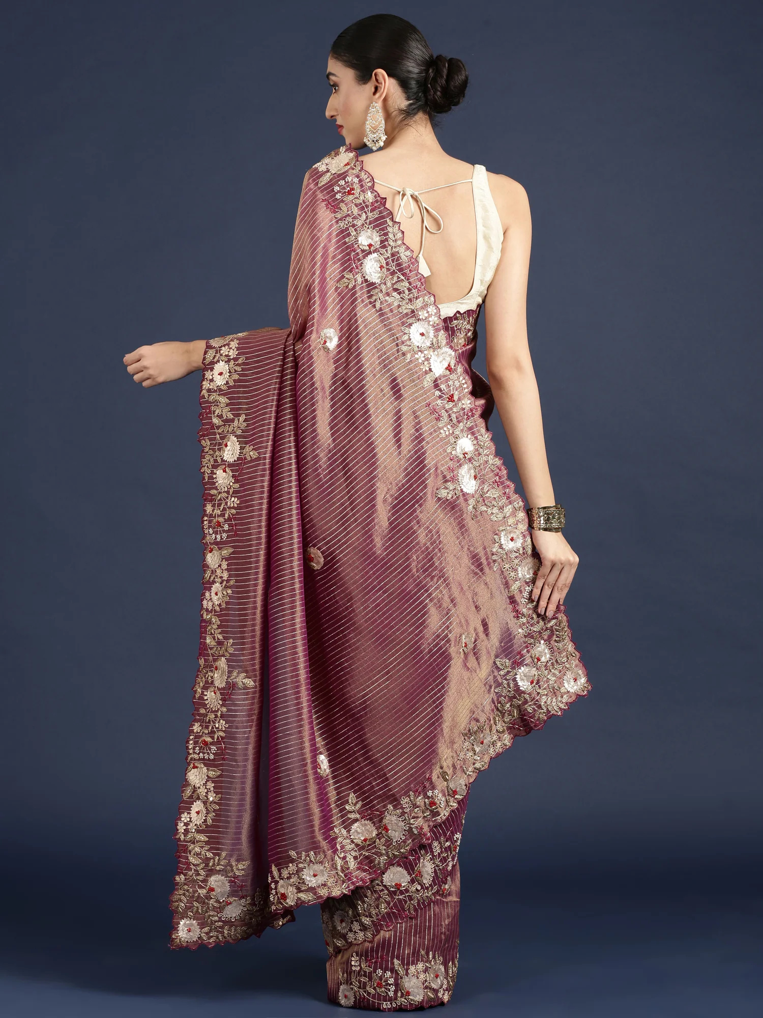 Wine Tissue Hand Embroidery Saree - Image 3