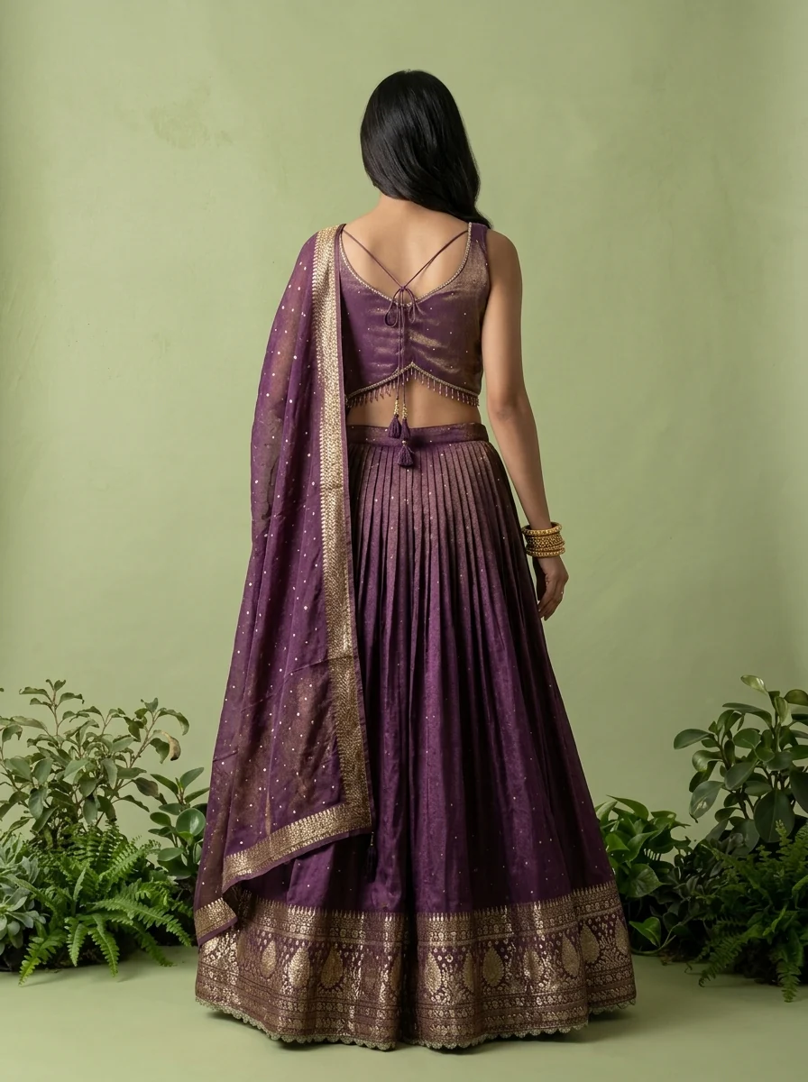 Wine Tissue Sequins And Beads Embroidery Ghagra Set - Image 4