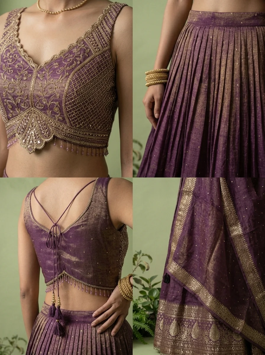 Wine Tissue Sequins And Beads Embroidery Ghagra Set - Image 6