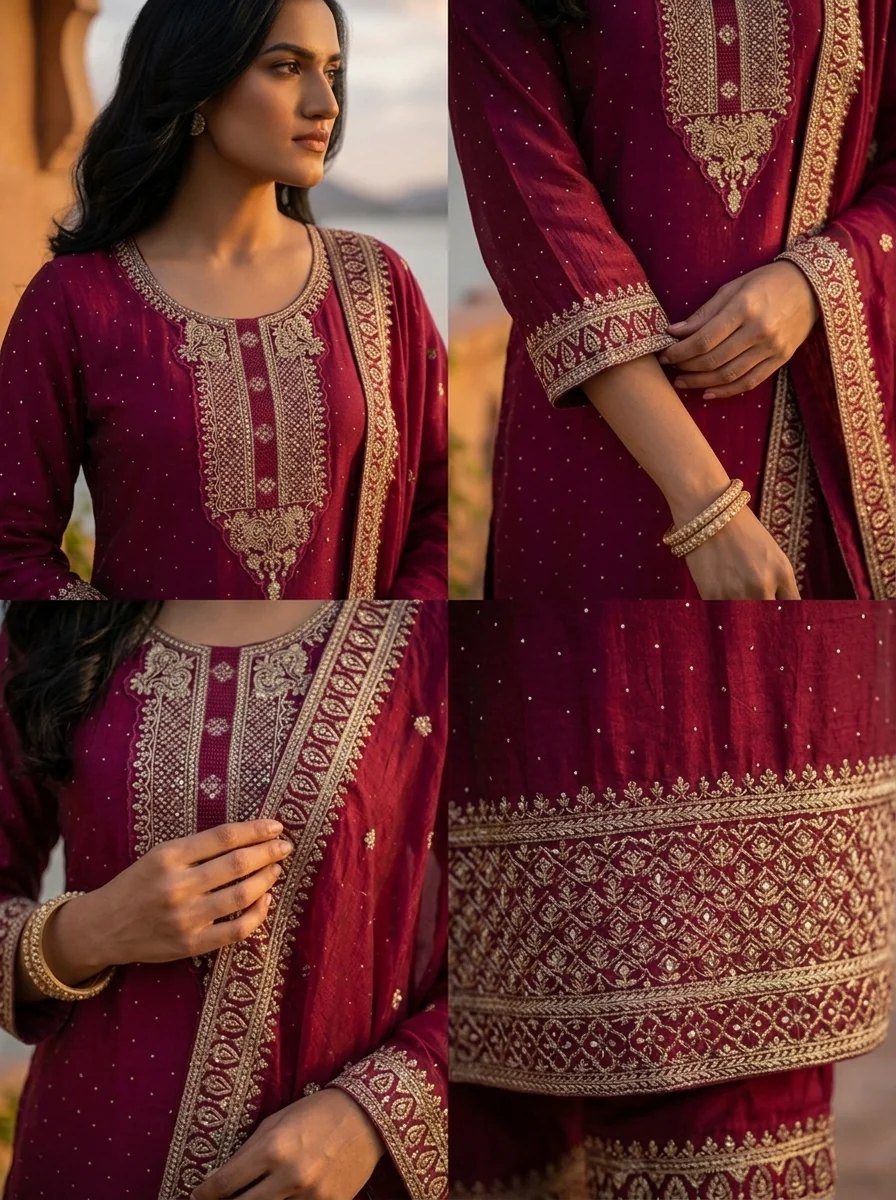 Wine Vichitra Silk Gold Zari And Sequins Embroidery Three Piece Set - Image 5