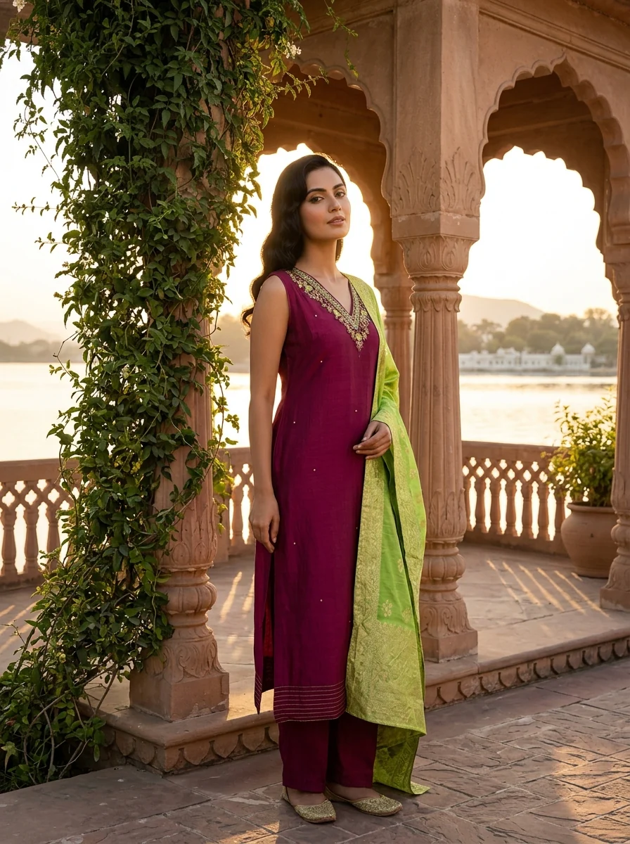 Wine Vichitra Silk Intricate Hand Embroidery Three Piece Set