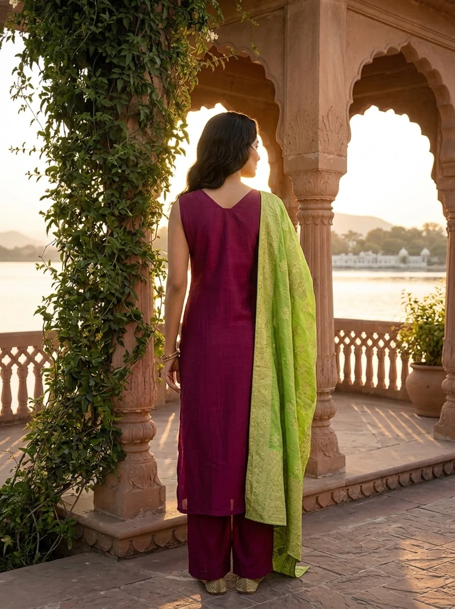 Wine Vichitra Silk Intricate Hand Embroidery Three Piece Set - Image 2