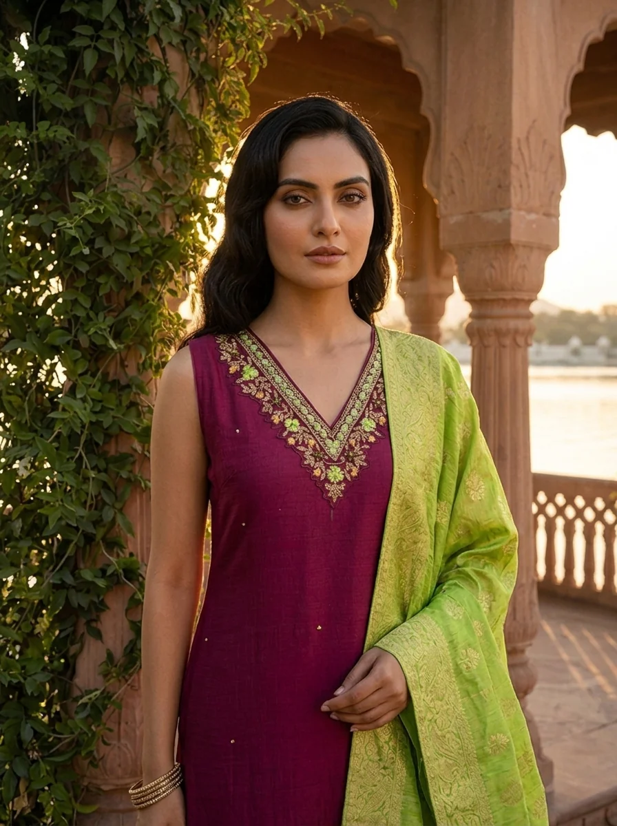 Wine Vichitra Silk Intricate Hand Embroidery Three Piece Set - Image 4