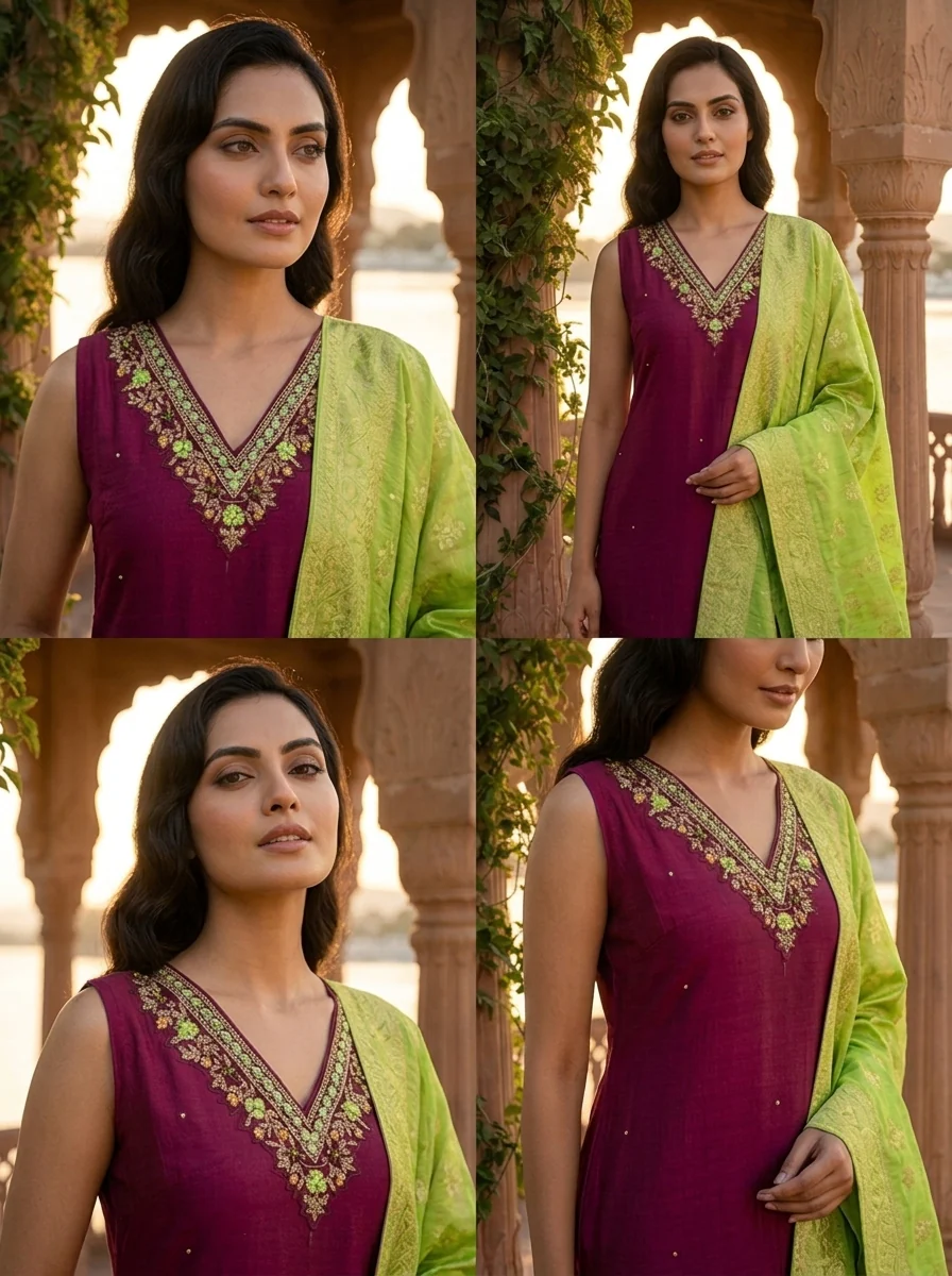 Wine Vichitra Silk Intricate Hand Embroidery Three Piece Set - Image 5