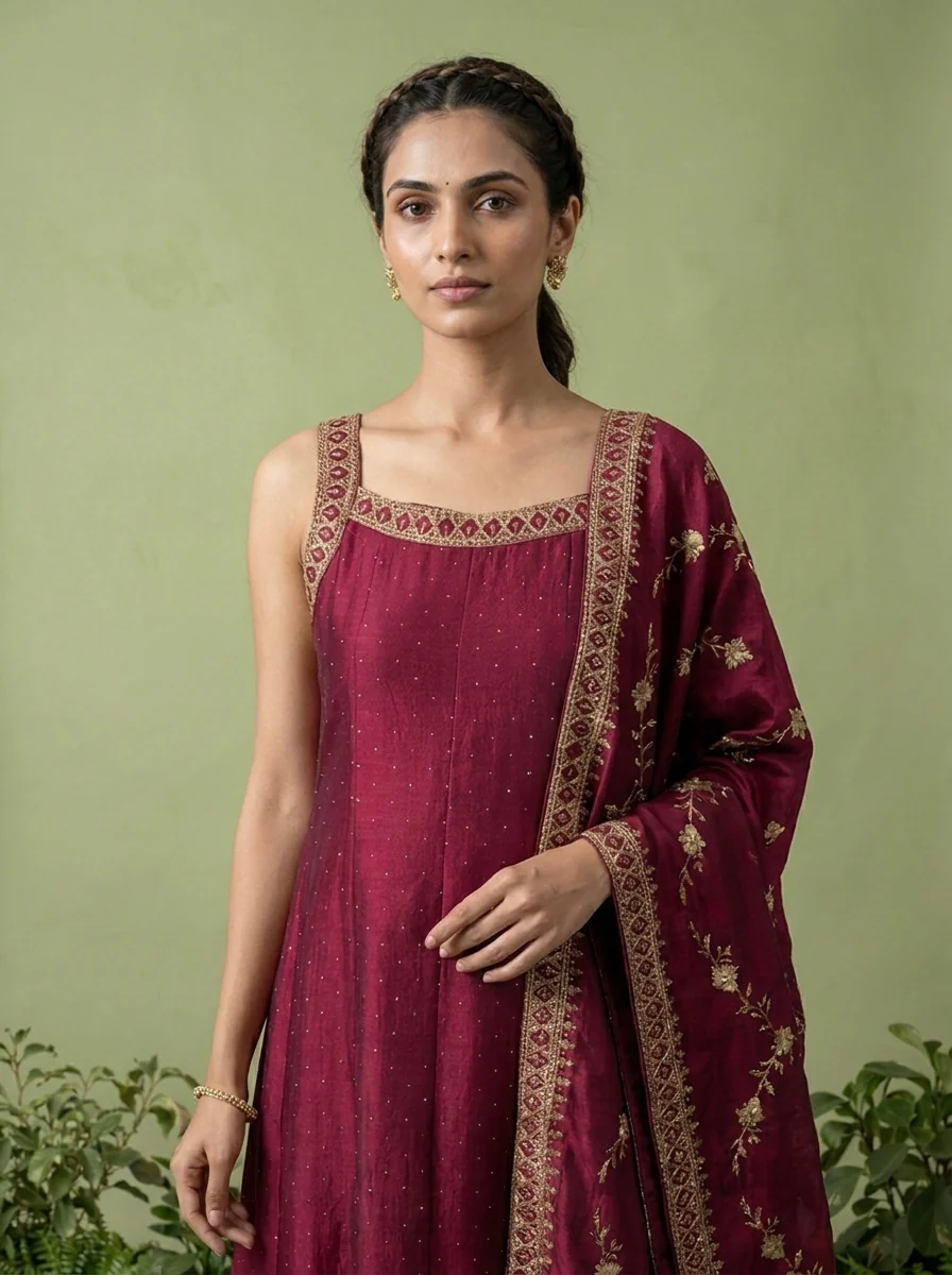 Wine Zari Paisley Design And Sequins Embroidery Silk Three Piece Set - Image 4