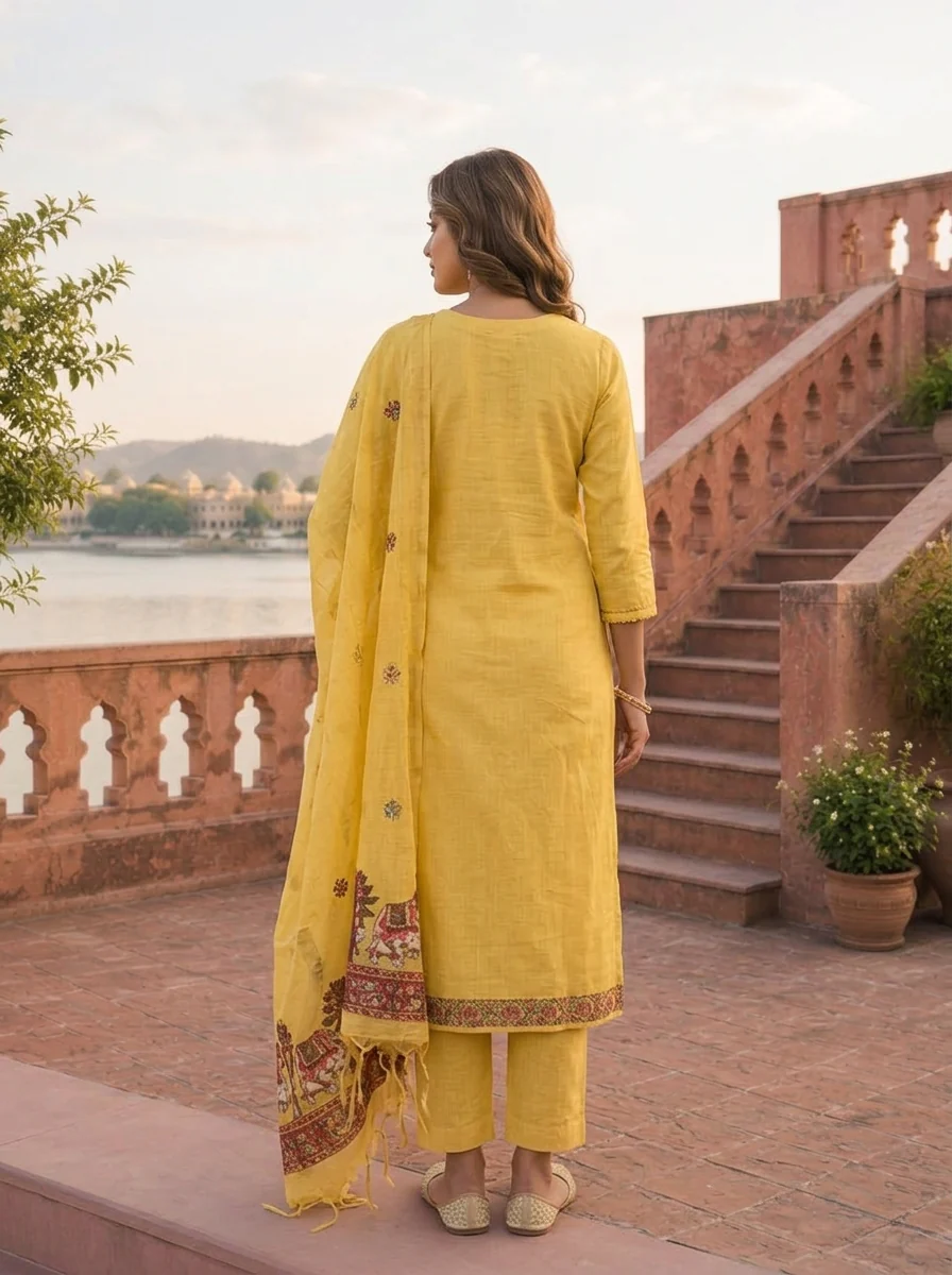 Yellow Chanderi Silk Pichwai Motif Weaved Three Piece Set - Image 3