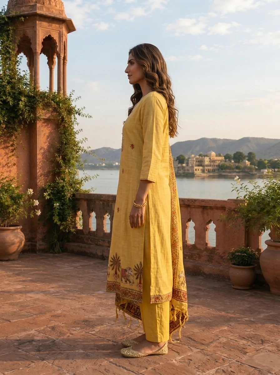 Yellow Chanderi Silk Pichwai Motif Weaved Three Piece Set - Image 5