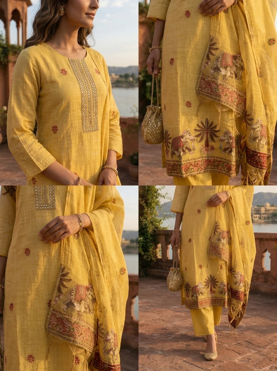 Yellow Chanderi Silk Pichwai Motif Weaved Three Piece Set - Image 6