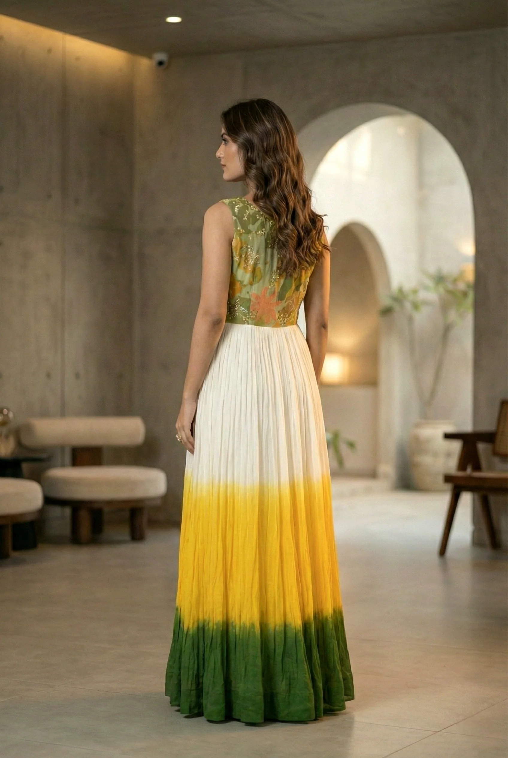 Yellow Chinon Floral Digital Printed Long Dress - Image 3