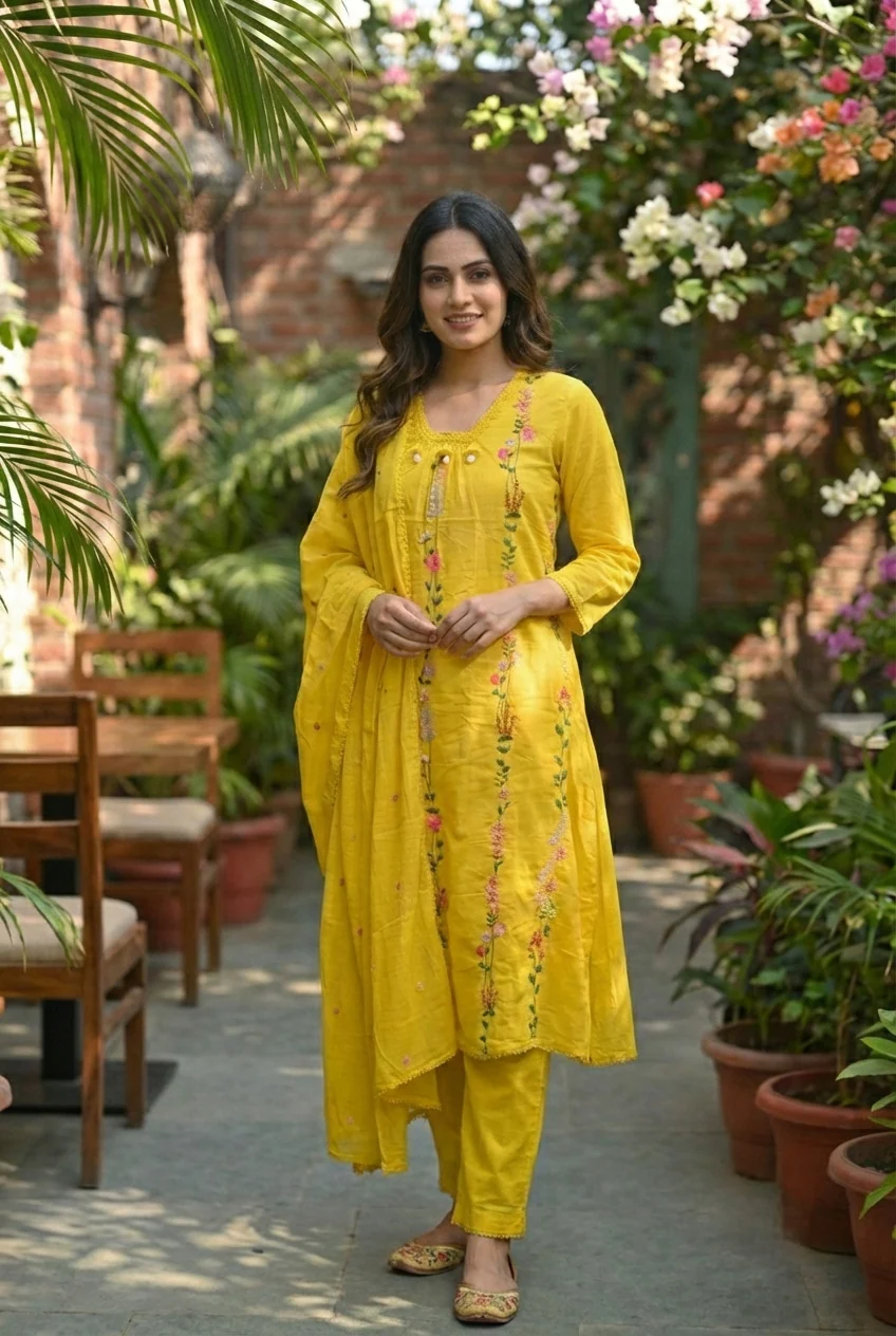 Yellow Cotton Hand Embroidery Three Piece Set