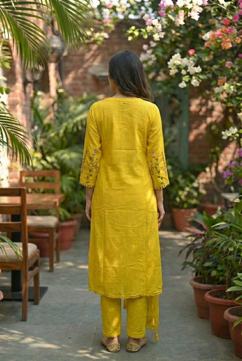 Yellow Cotton Hand Embroidery Three Piece Set - Image 3