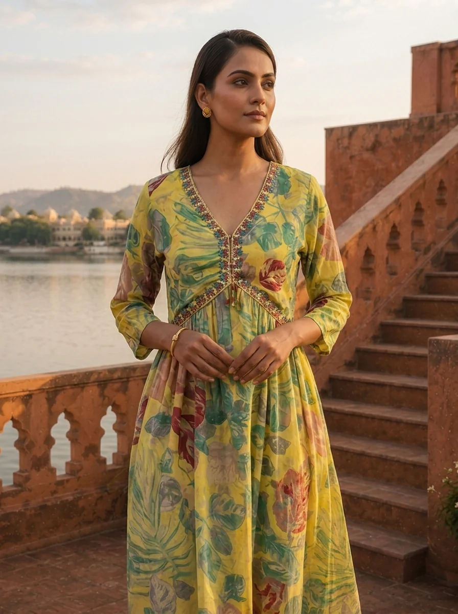 Yellow Cotton Monstera And Tropical Leaves Dress - Image 4