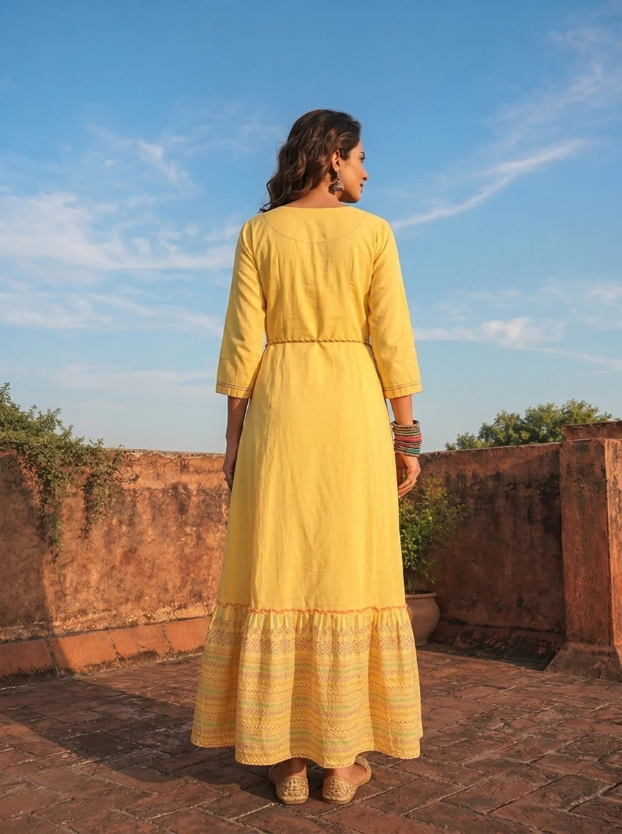Yellow Cotton Multi-Color Tribal Printed Dress - Image 2