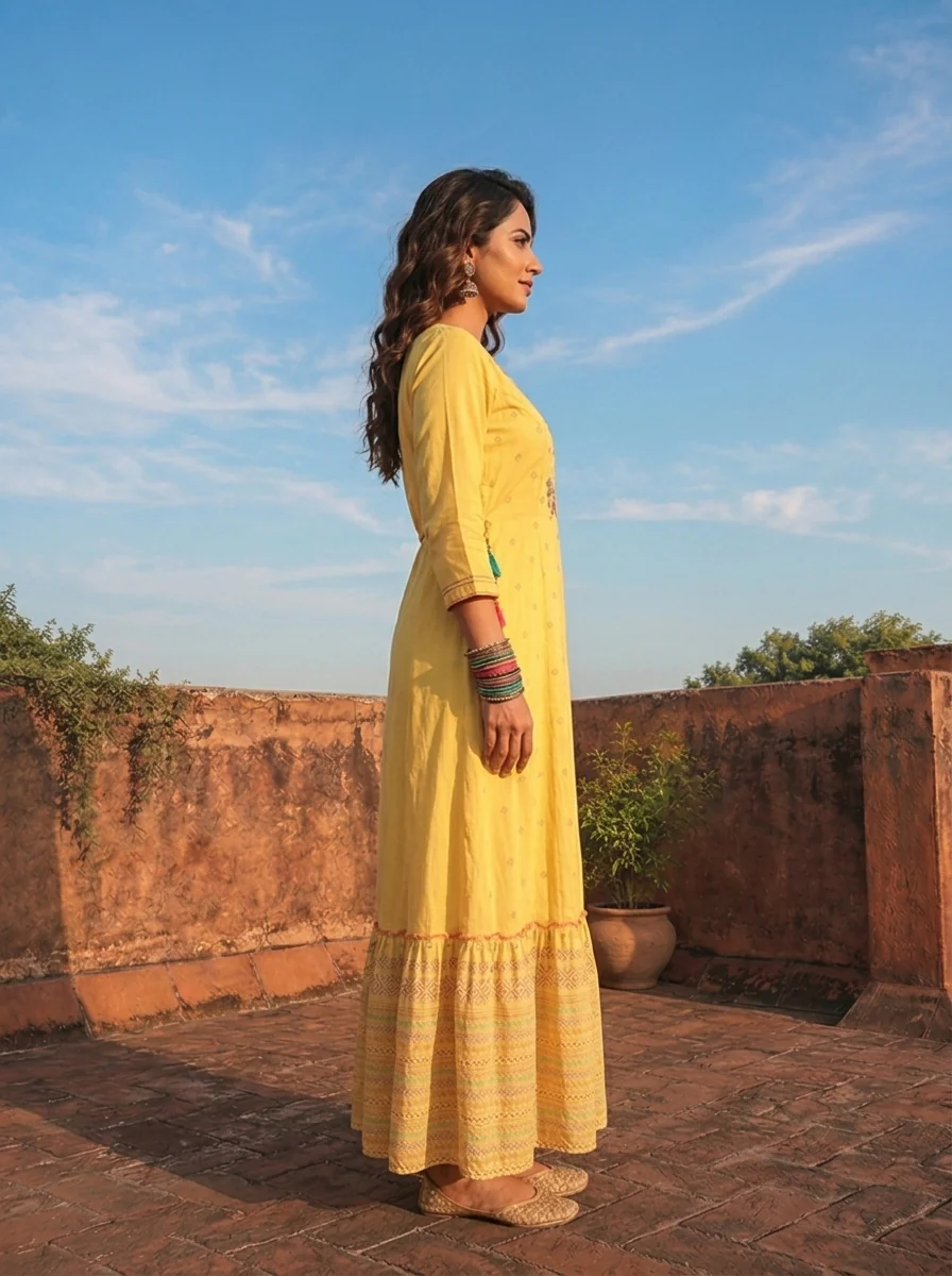 Yellow Cotton Multi-Color Tribal Printed Dress - Image 3