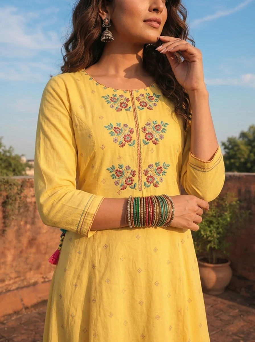 Yellow Cotton Multi-Color Tribal Printed Dress - Image 4