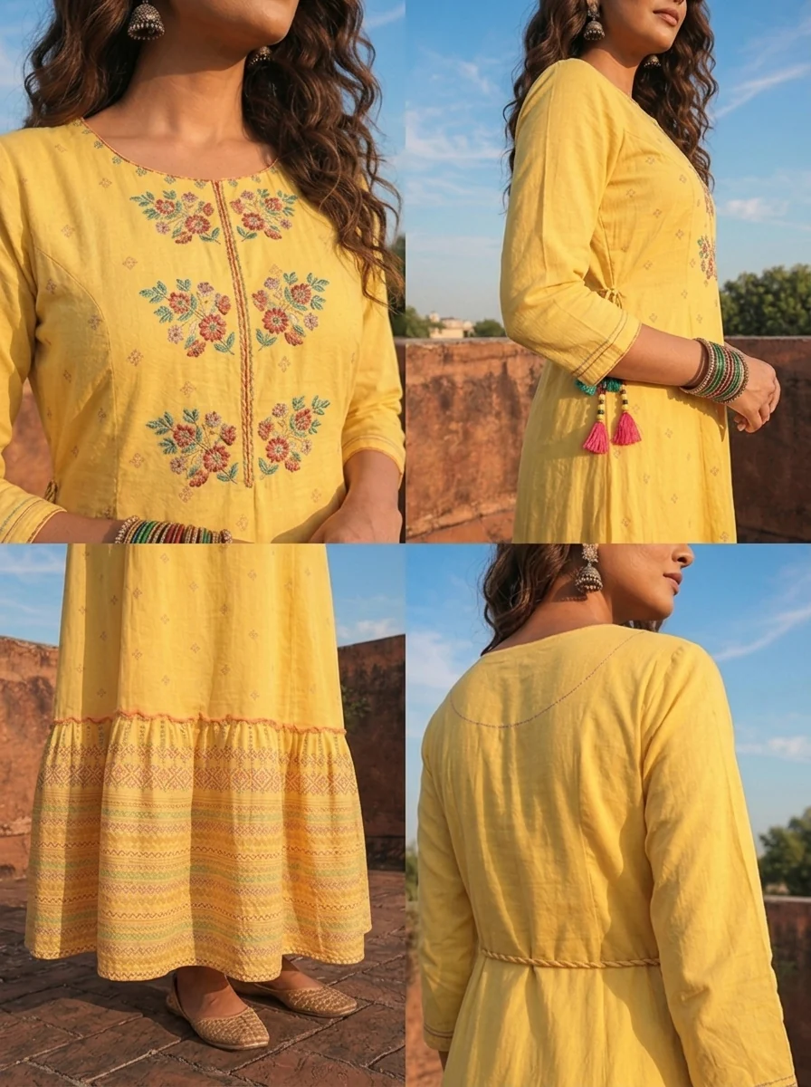 Yellow Cotton Multi-Color Tribal Printed Dress - Image 5