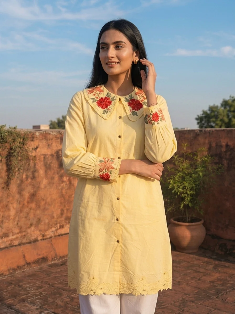 Yellow Cotton Placement Embroidered Kurta - Image 4