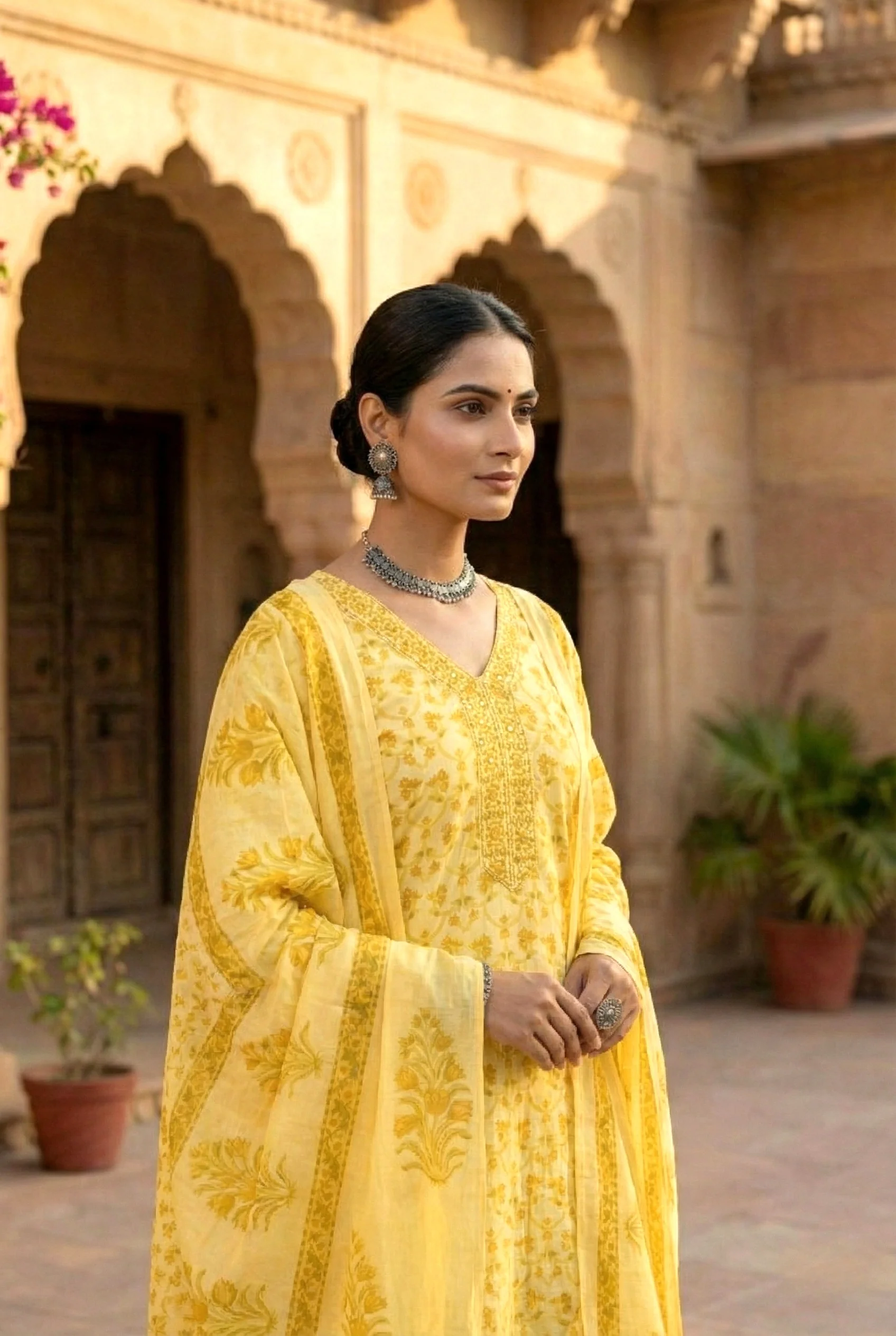 Yellow Cotton Sequins And Hand Embroidered Three Piece Set - Image 5