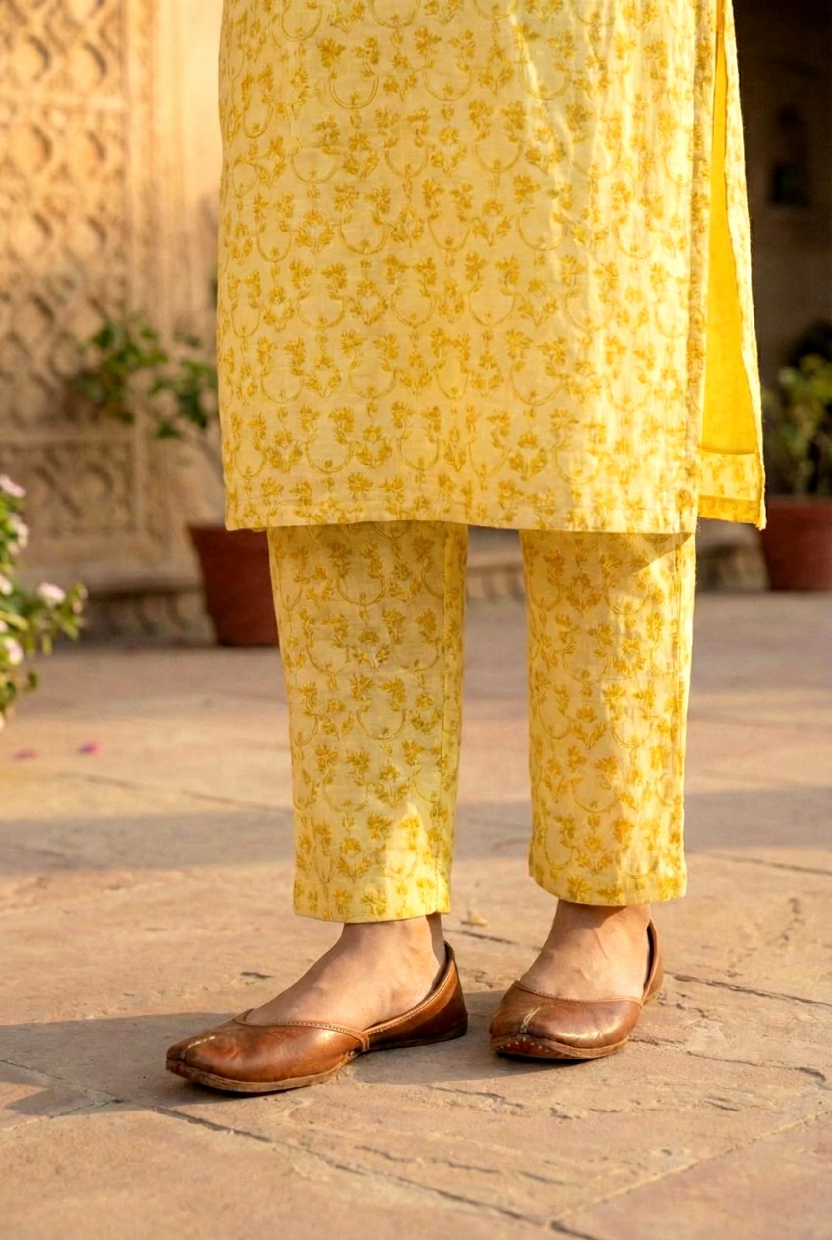 Yellow Cotton Sequins And Hand Embroidered Three Piece Set - Image 7