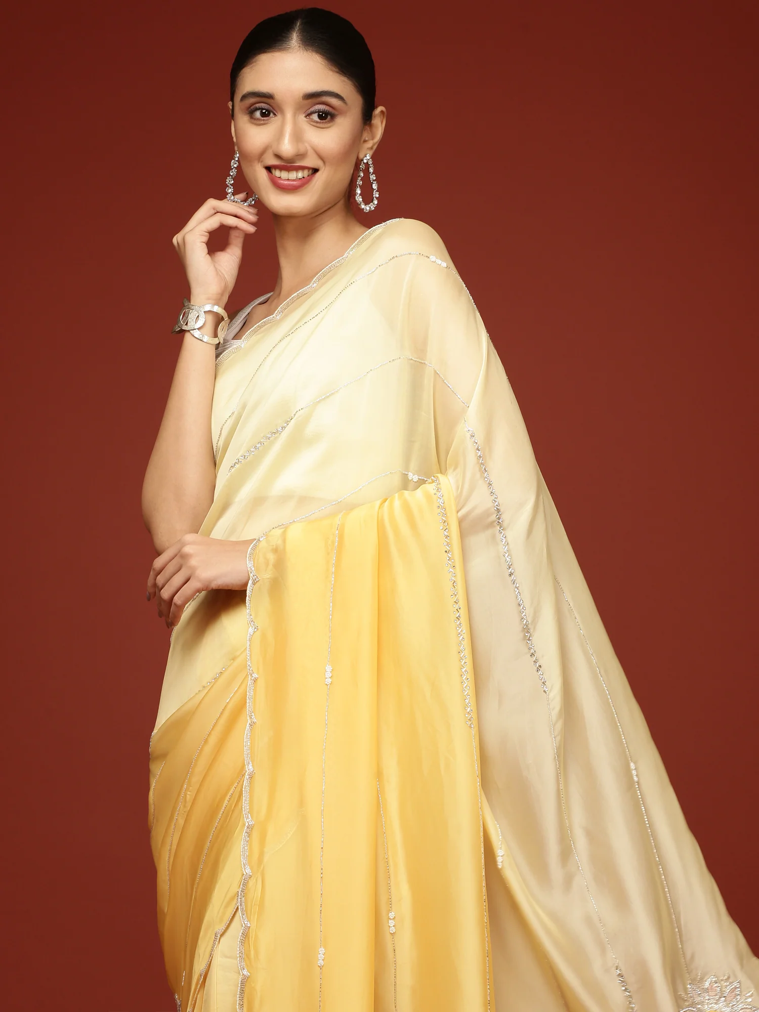 Yellow Crepe Embroidery Saree - Image 4
