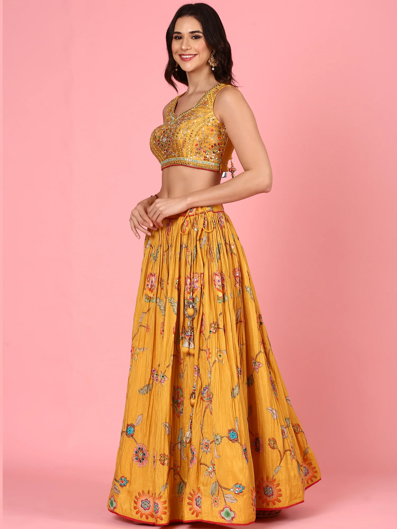 Yellow embroidered georgette Three piece ghagra set - Image 2