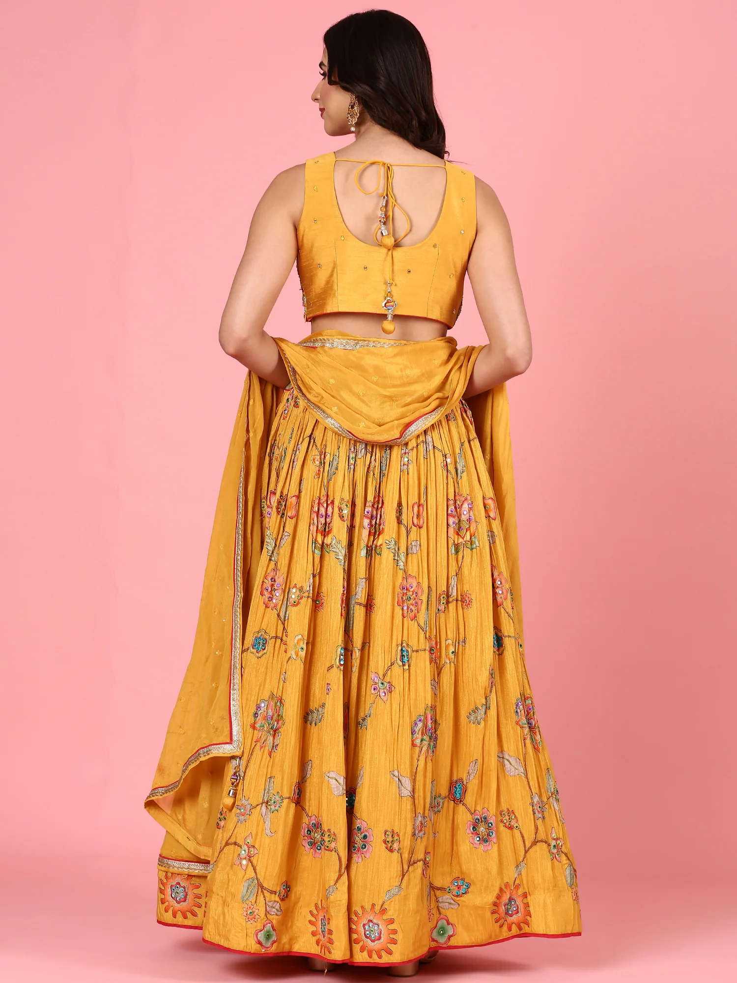 Yellow embroidered georgette Three piece ghagra set - Image 3
