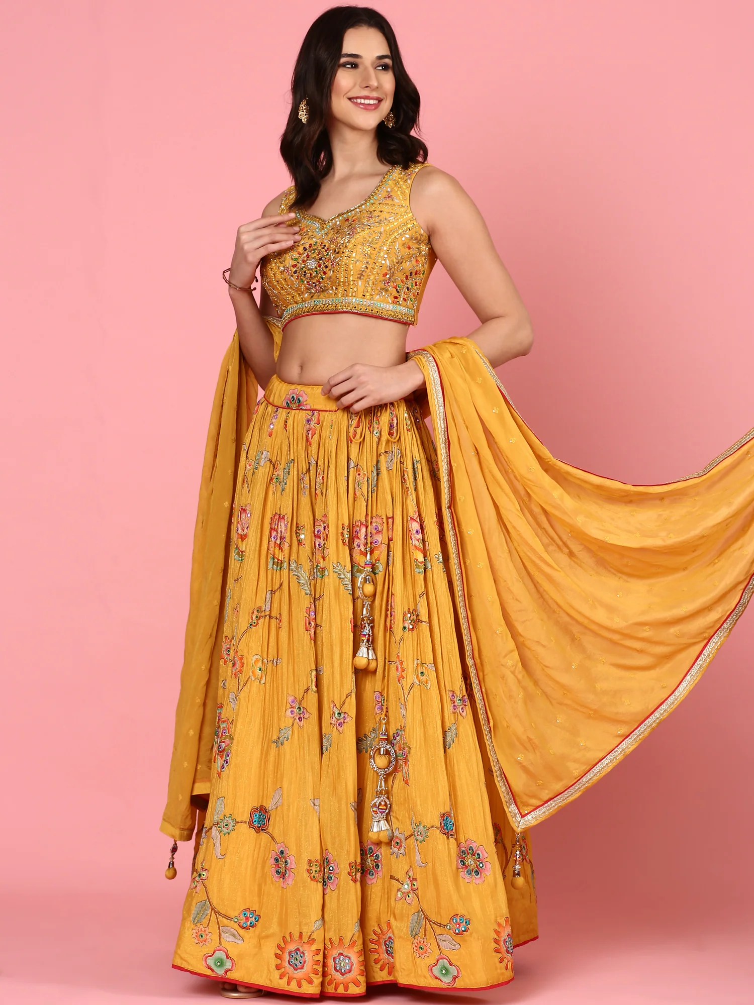 Yellow embroidered georgette Three piece ghagra set - Image 6