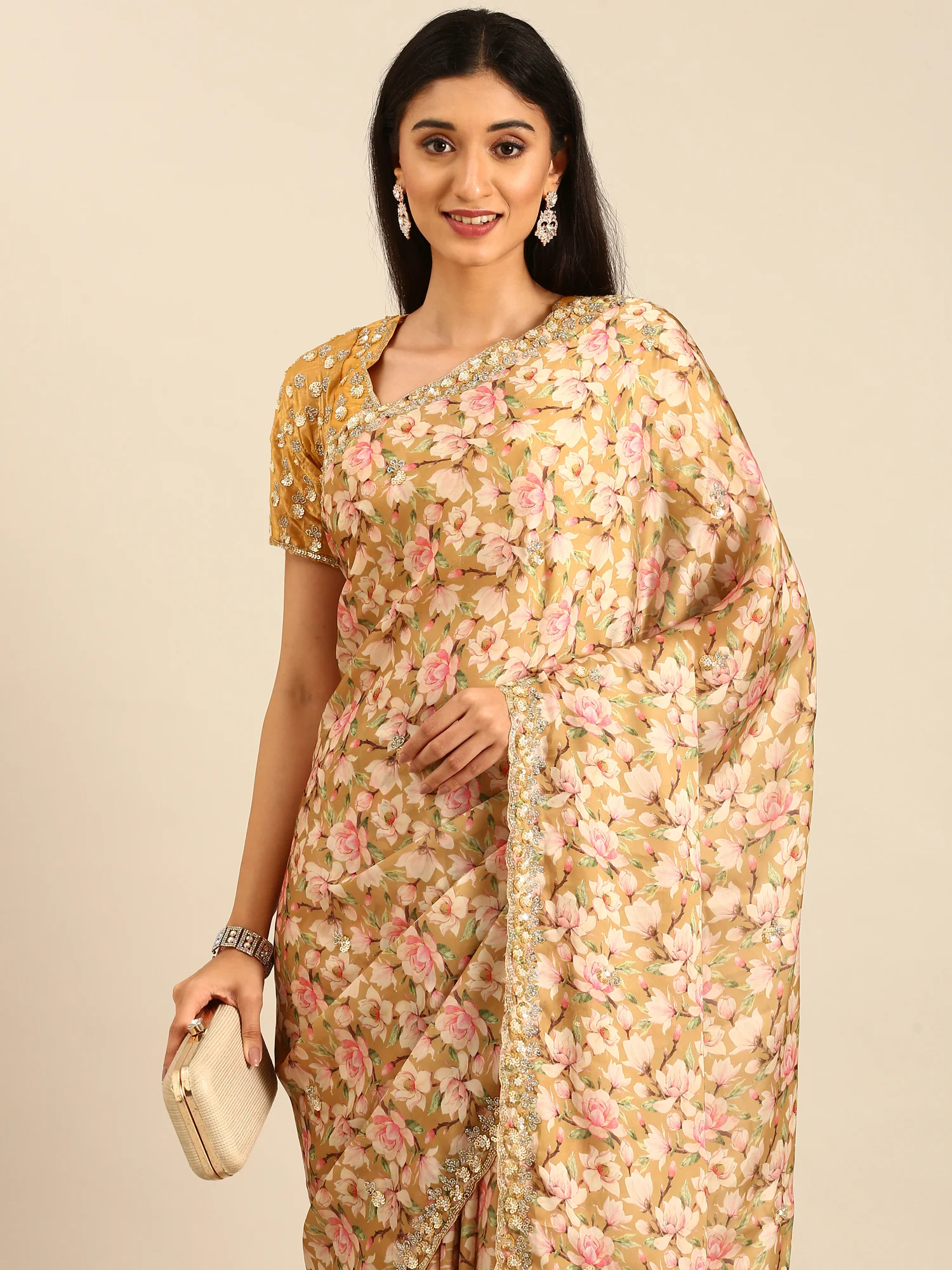 Yellow Floral Printed Satin Saree With Pearls & Sequins Embroidery With Heavy Readymade Blouse - Image 3