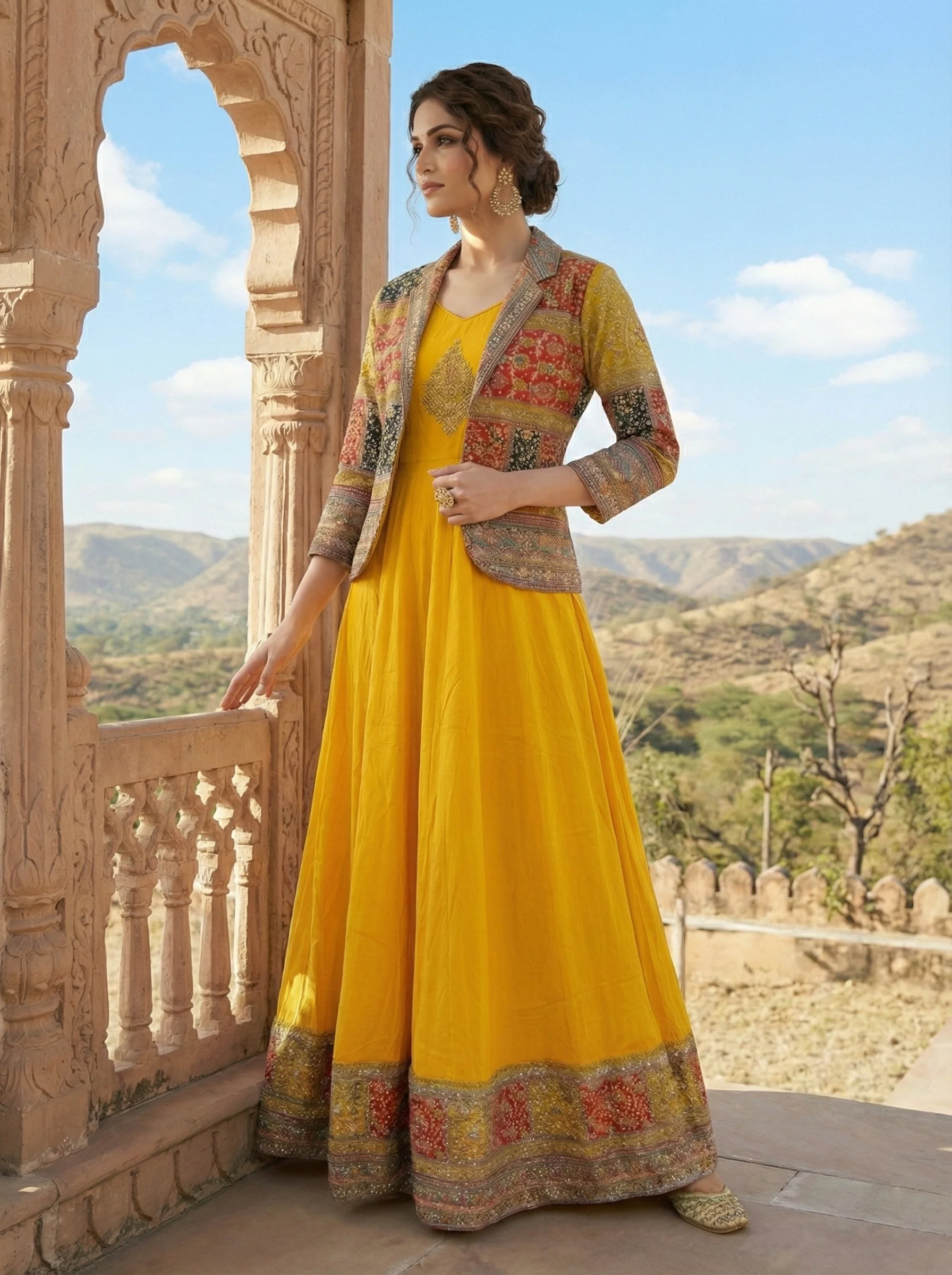 Yellow Georgette Embroidered Jacket Anarkali Set - Image 3
