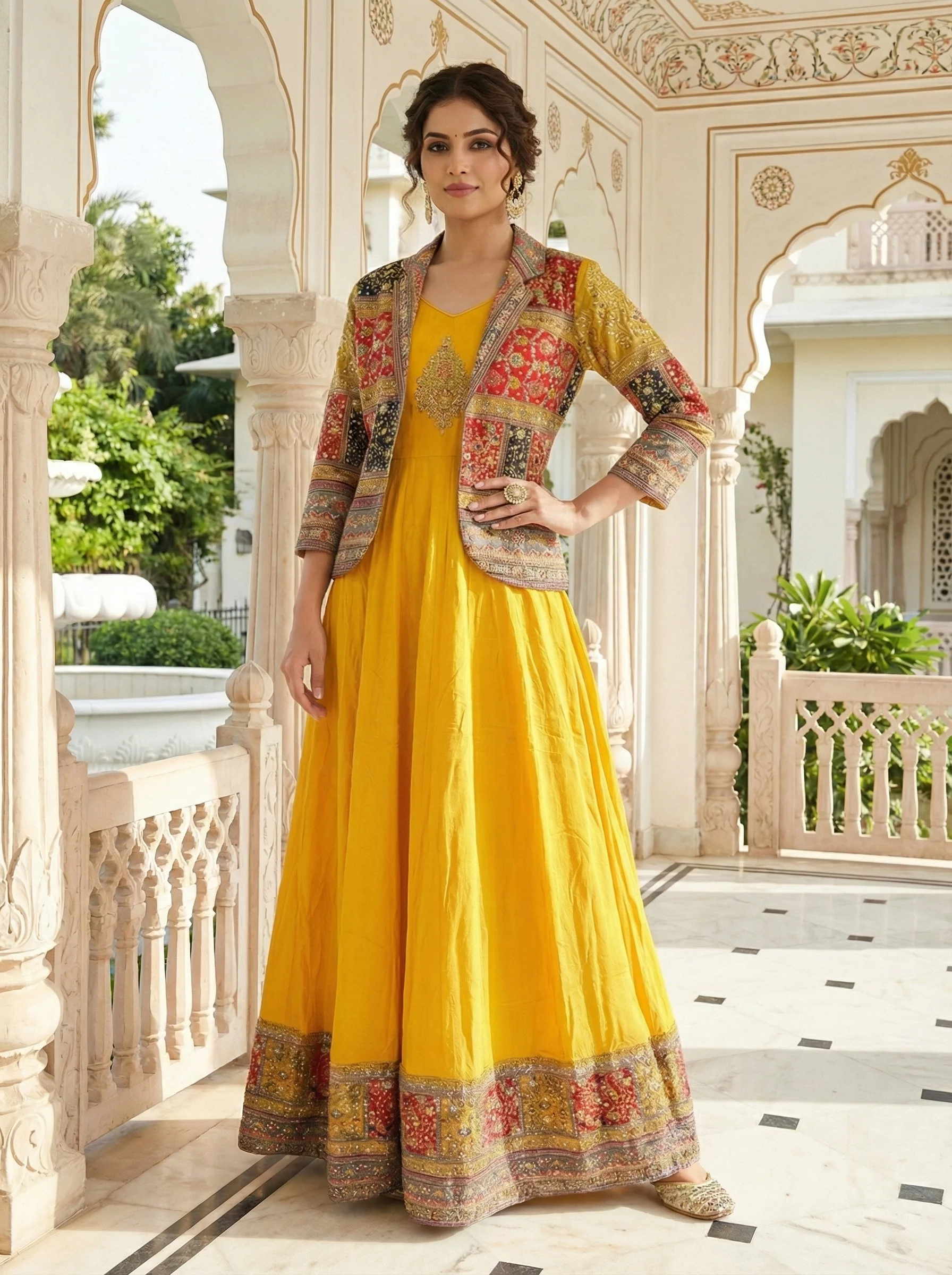 Yellow Georgette Embroidered Jacket Anarkali Set - Image 4