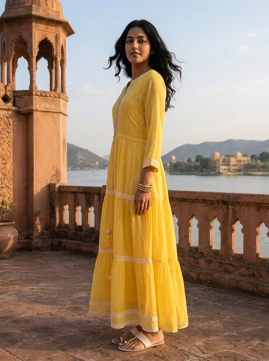 Yellow Georgette Turquoise Lace Trim Embroidered Dress - Image 3