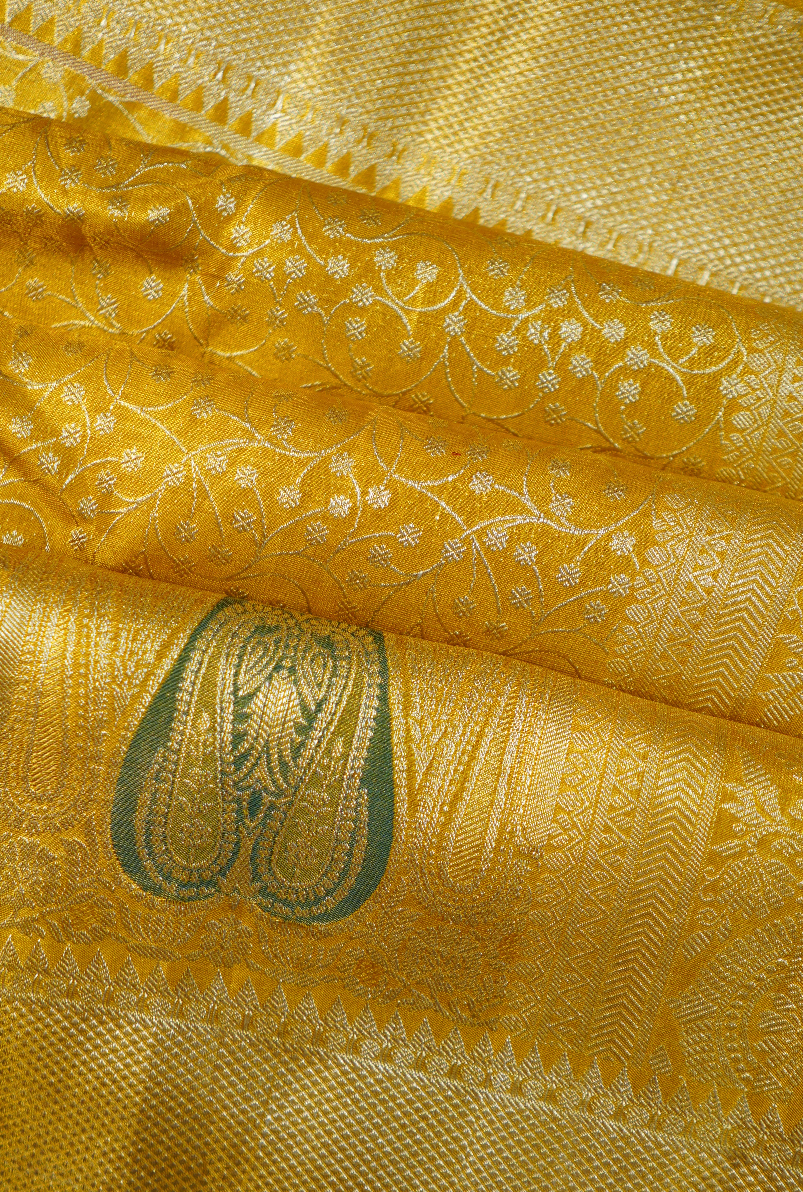Yellow Kanchi Pattu Handwoven Saree With Resham And Zari Border - Image 6