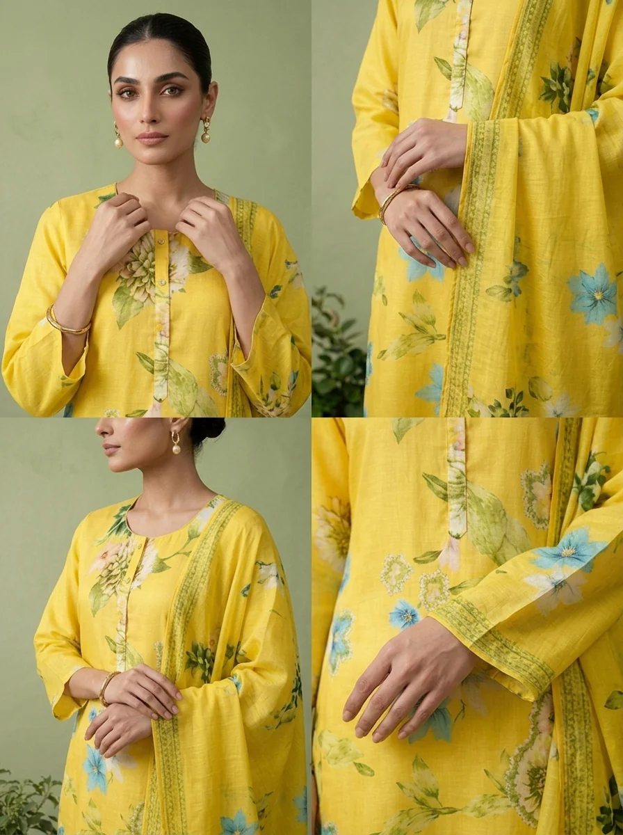 Yellow Linen Heavy Floral Printed Three Piece Set - Image 5