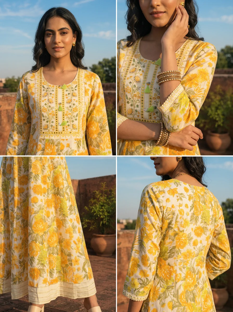 Yellow Muslin Floral Blossom Printed Dress - Image 5