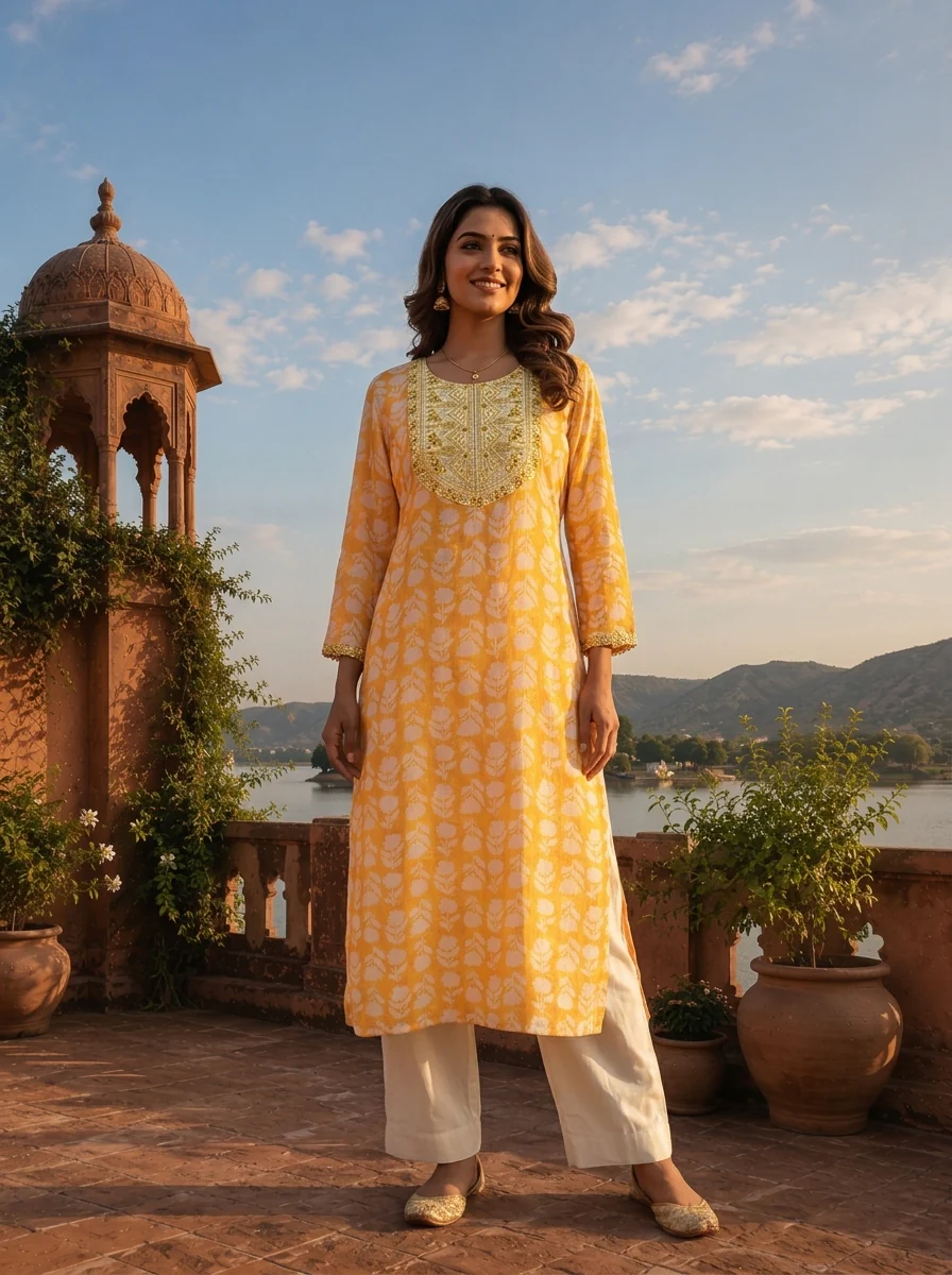 Yellow Muslin Floral Leaf Motif Printed Kurta