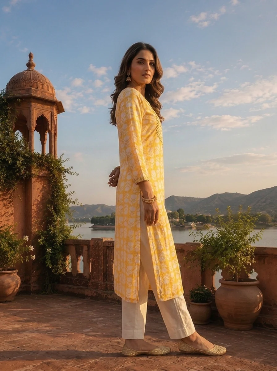 Yellow Muslin Floral Leaf Motif Printed Kurta - Image 3