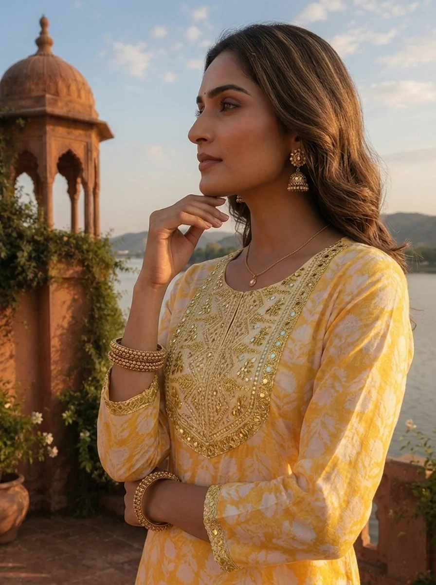 Yellow Muslin Floral Leaf Motif Printed Kurta - Image 4