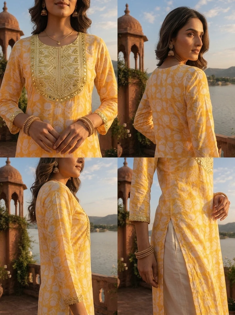 Yellow Muslin Floral Leaf Motif Printed Kurta - Image 5