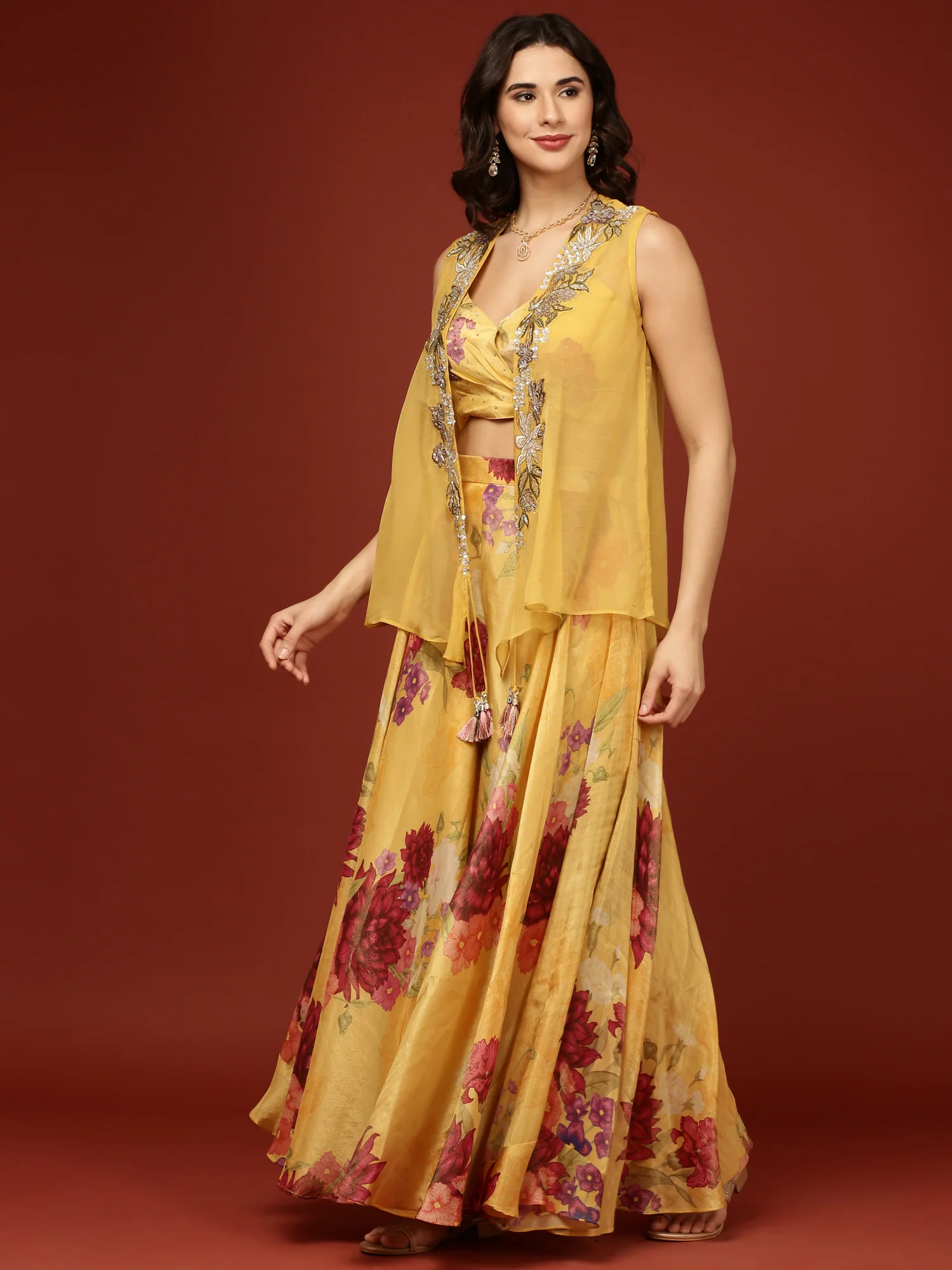 Yellow Organza Crop Top Palazzo Set - Image 2