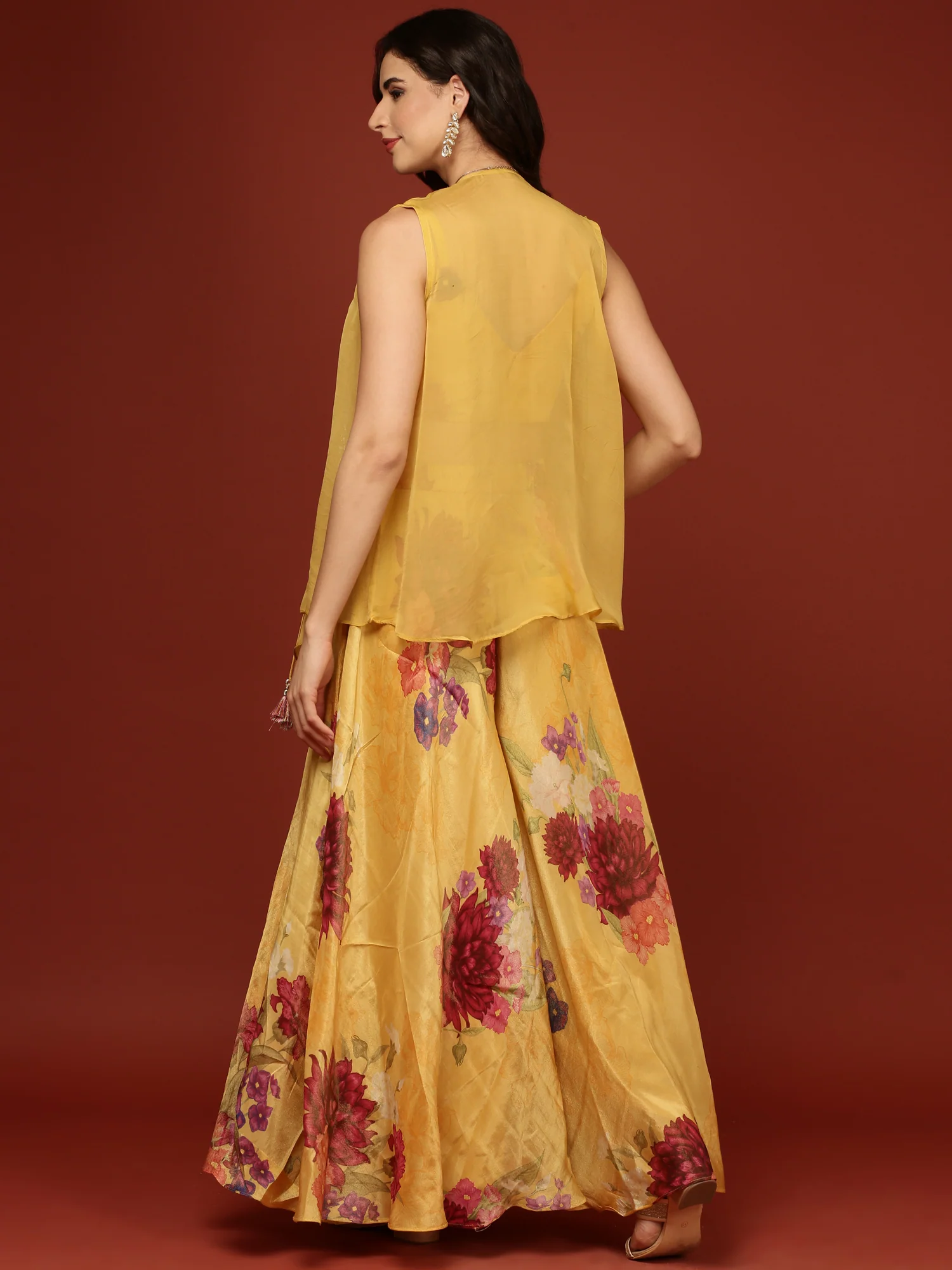 Yellow Organza Crop Top Palazzo Set - Image 3
